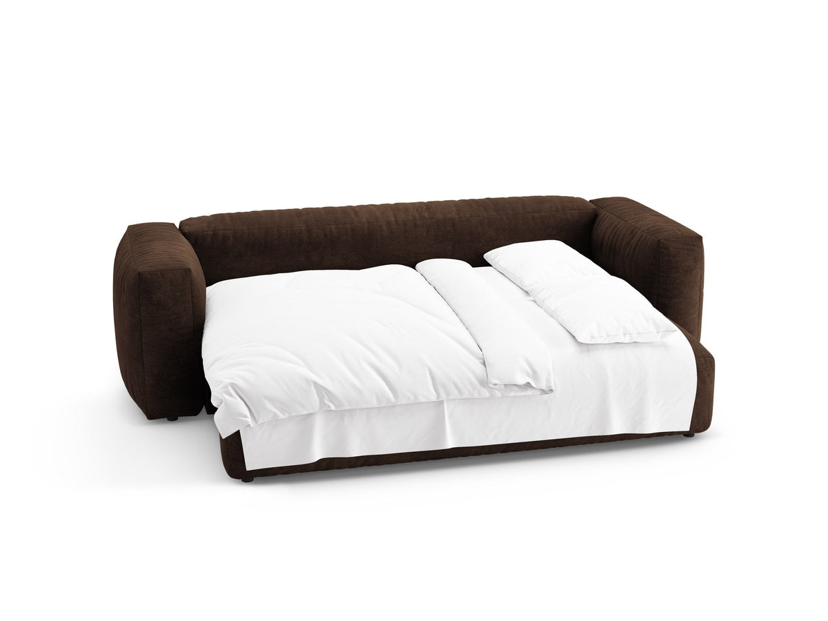 Martina 3er Sofa mit Bettfunktion in Schokolade, Veloursstoff-Bezug, schwarze Kunststoffbeine, moderne klare Form im Wohnzimmer.