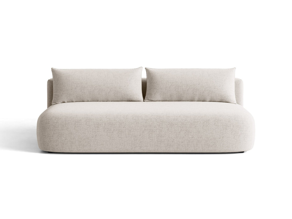 Beiges 3er Sofa Hena von Micadoni mit Chenille-Stoff, abgerundeter Form ohne Armlehnen, Kunststoffbeinen und sichtbarem Bettkasten.