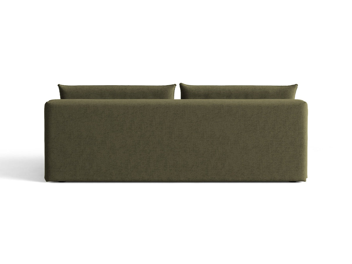 Beiges 3er Sofa Hena von Micadoni mit Chenille-Stoff, abgerundeter Form ohne Armlehnen, Kunststoffbeinen und sichtbarem Bettkasten.