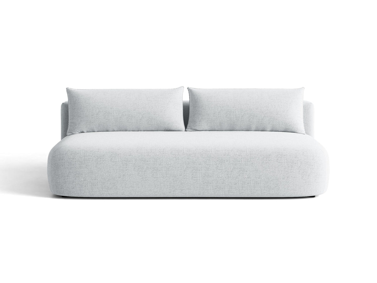 Beiges 3er Sofa Hena von Micadoni mit Chenille-Stoff, abgerundeter Form ohne Armlehnen, Kunststoffbeinen und sichtbarem Bettkasten.