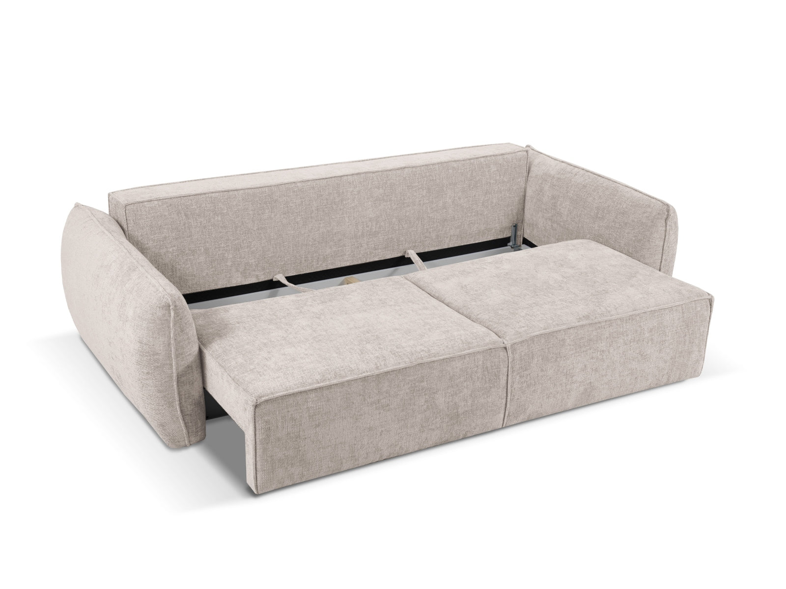 Elegantes 3-Sitzer Sofa Kaelle von Micadoni in hellem Beige, multifunktional mit Schlaffunktion und praktischem Stauraum für Kissen und Decken.