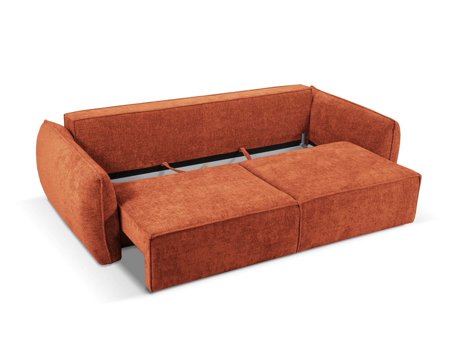 Elegantes Kaelle 3-Sitzer Sofa in warmem Terracotta, multifunktional mit Schlaffunktion und praktischem Stauraum für Wohnaccessoires.