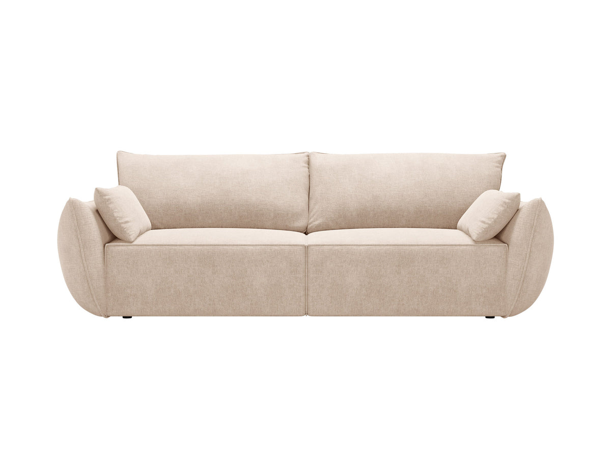 3-Sitzer Sofa Kaelle von Micadoni in leichtem Beige mit Chenille-Bezug, Bettkasten und schwarzen Kunststoffbeinen, Frontalansicht.