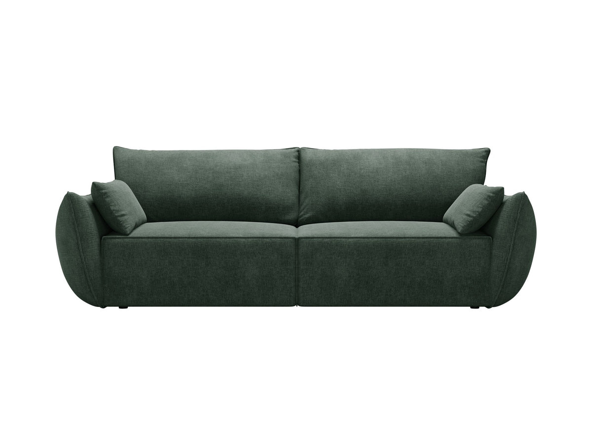 3-Sitzer Sofa Kaelle von Micadoni in leichtem Beige mit Chenille-Bezug, Bettkasten und schwarzen Kunststoffbeinen, Frontalansicht.