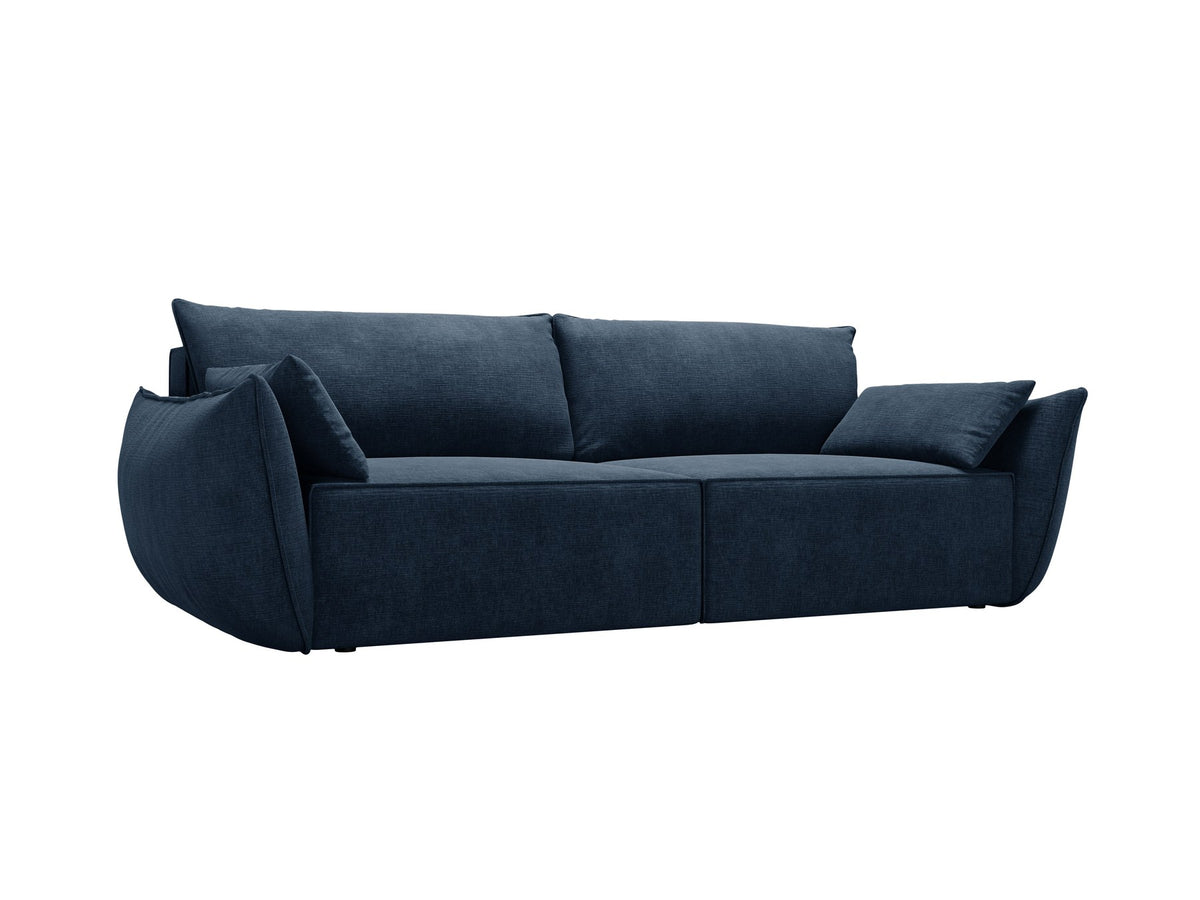3-Sitzer Sofa Kaelle von Micadoni in leichtem Beige mit Chenille-Bezug, Bettkasten und schwarzen Kunststoffbeinen, Frontalansicht.
