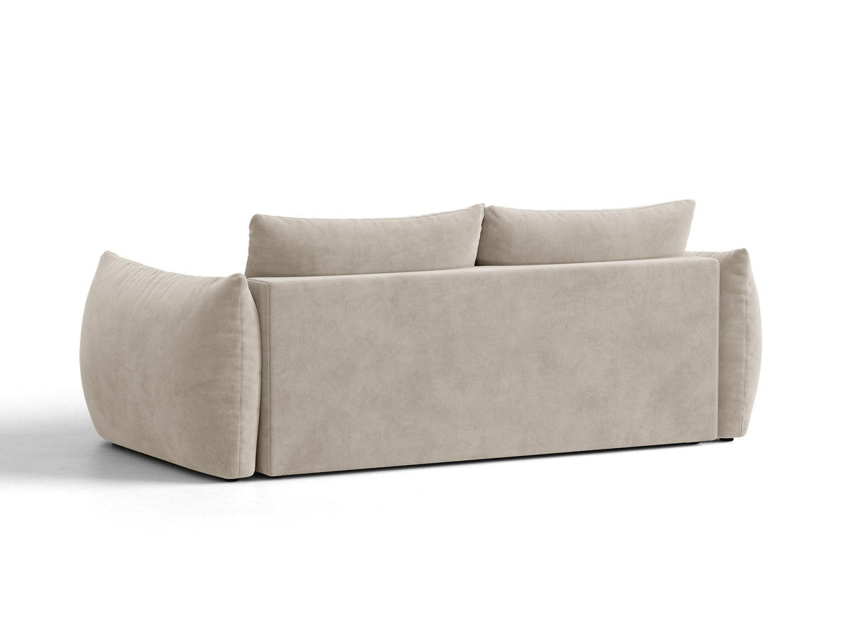 Beiges 3er Sofa Bloom von Micadoni aus samtigem Casino-Stoff mit schwarzen Kunststoffbeinen, ausklappbarer Bettfunktion und Stauraumfach.