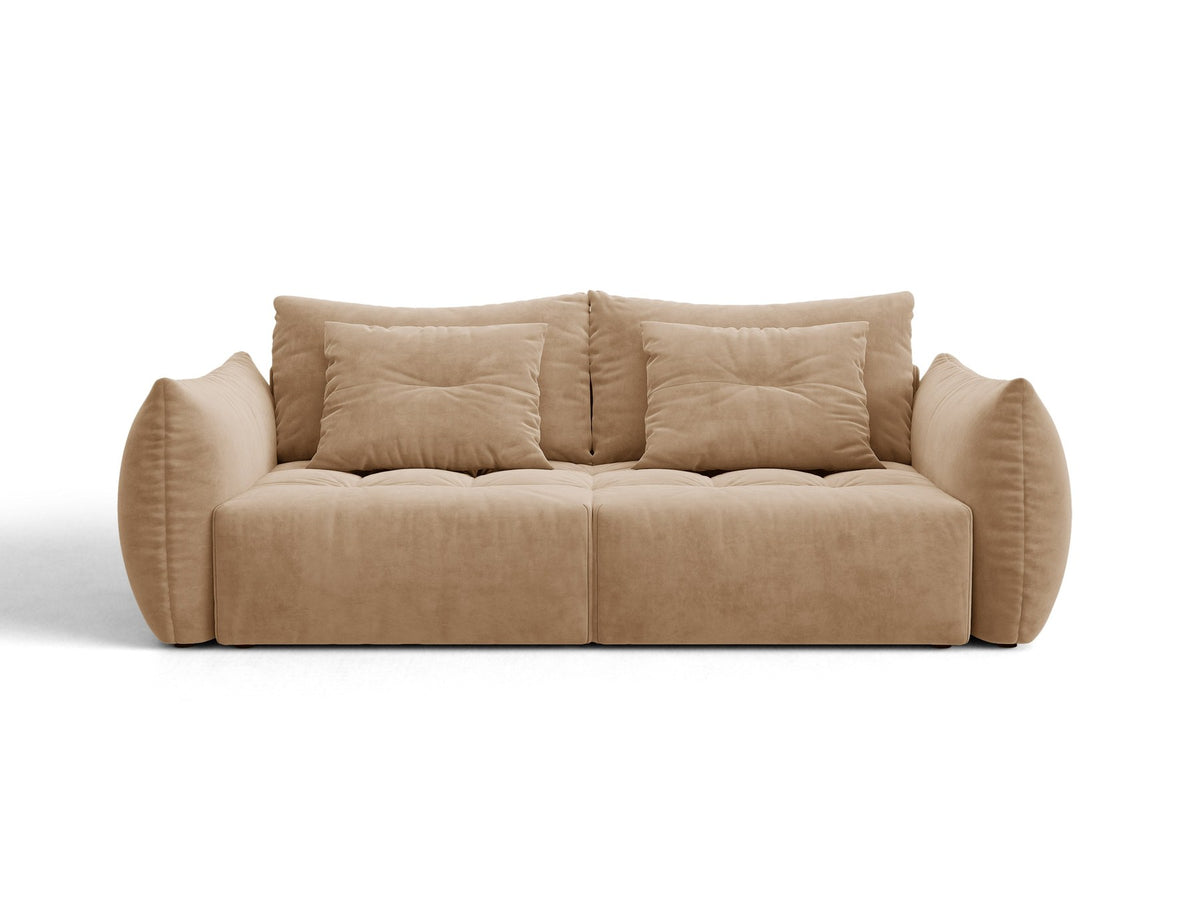 Beiges 3er Sofa Bloom von Micadoni aus samtigem Casino-Stoff mit schwarzen Kunststoffbeinen, ausklappbarer Bettfunktion und Stauraumfach.