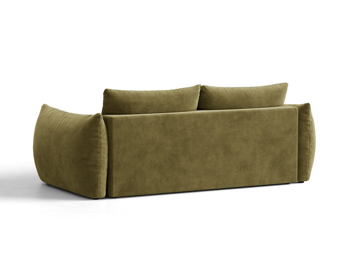Beiges 3er Sofa Bloom von Micadoni aus samtigem Casino-Stoff mit schwarzen Kunststoffbeinen, ausklappbarer Bettfunktion und Stauraumfach.