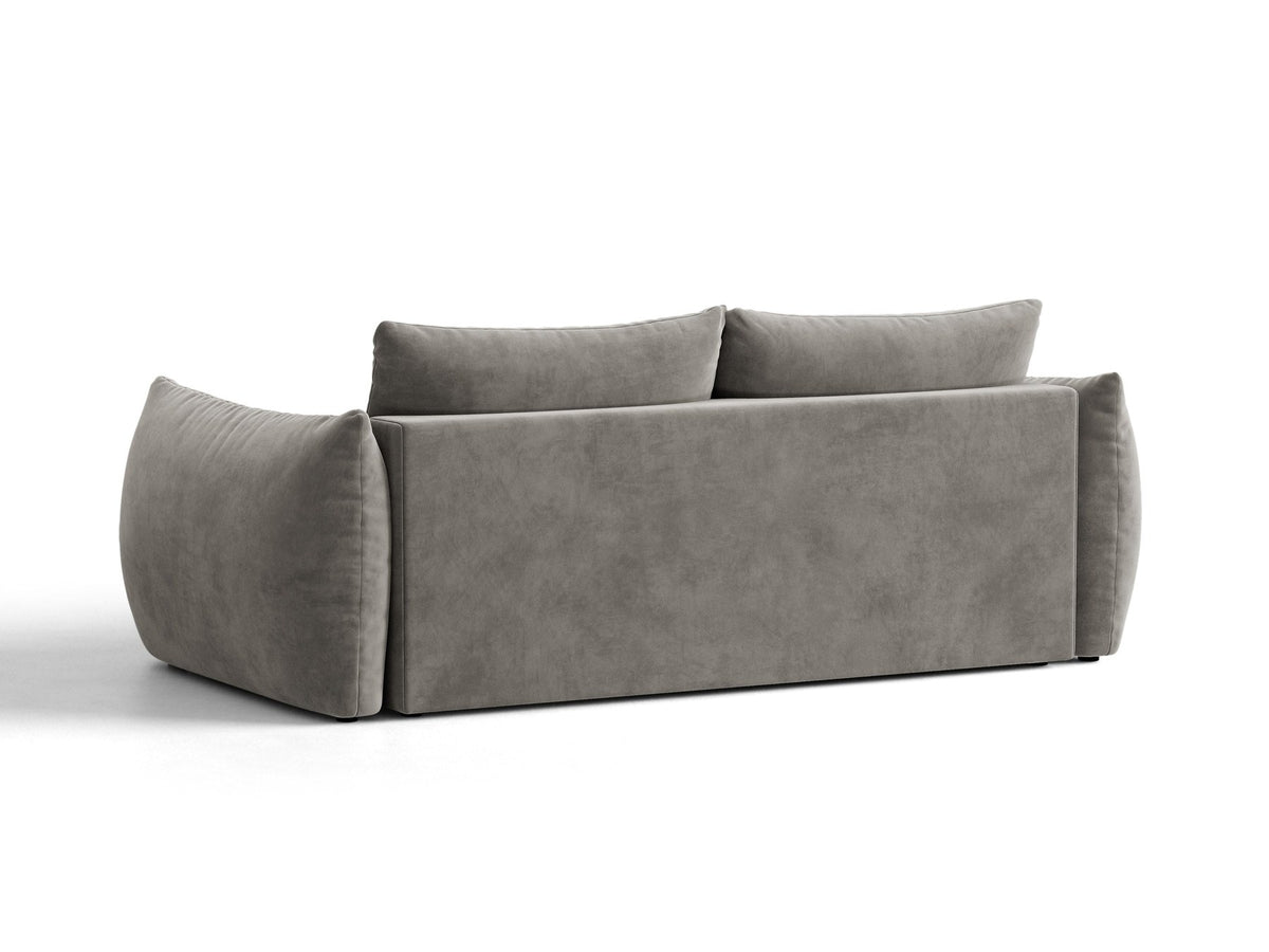Beiges 3er Sofa Bloom von Micadoni aus samtigem Casino-Stoff mit schwarzen Kunststoffbeinen, ausklappbarer Bettfunktion und Stauraumfach.