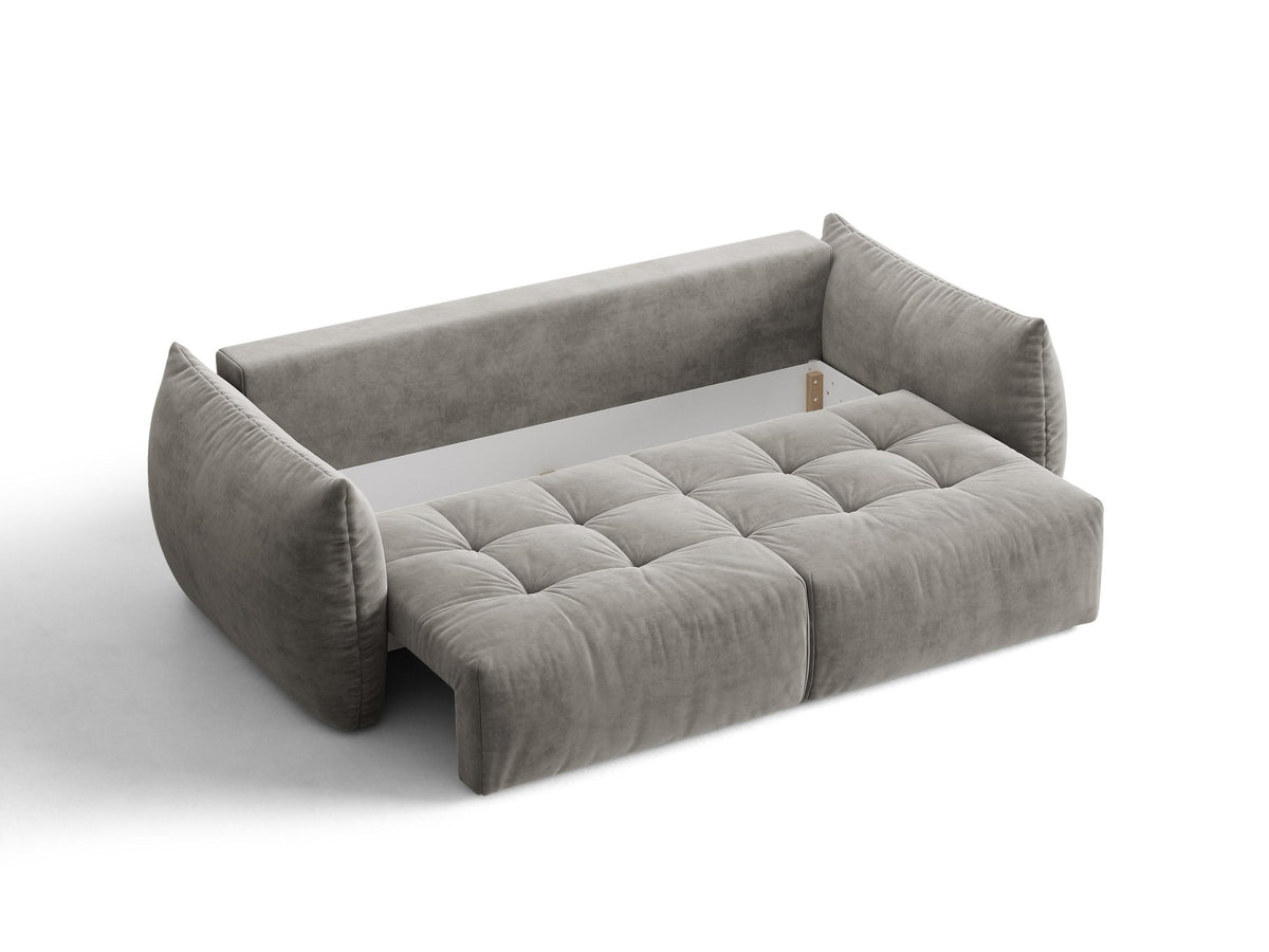 Beiges 3er Sofa Bloom von Micadoni aus samtigem Casino-Stoff mit schwarzen Kunststoffbeinen, ausklappbarer Bettfunktion und Stauraumfach.