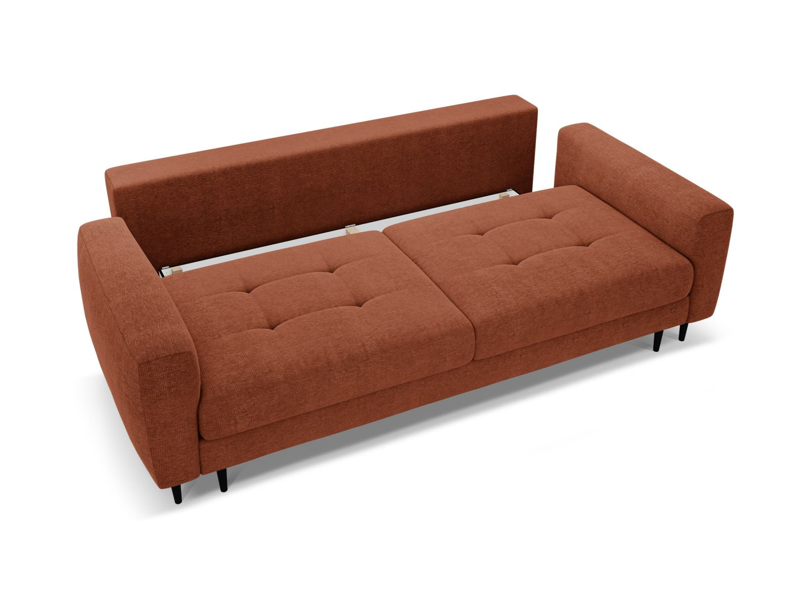 Stylisches 3-Sitzer Bettsofa Bemy in Coral-Sorella, ideal für Gästeübernachtungen und mit praktischem Stauraum für Kissen und Decken.