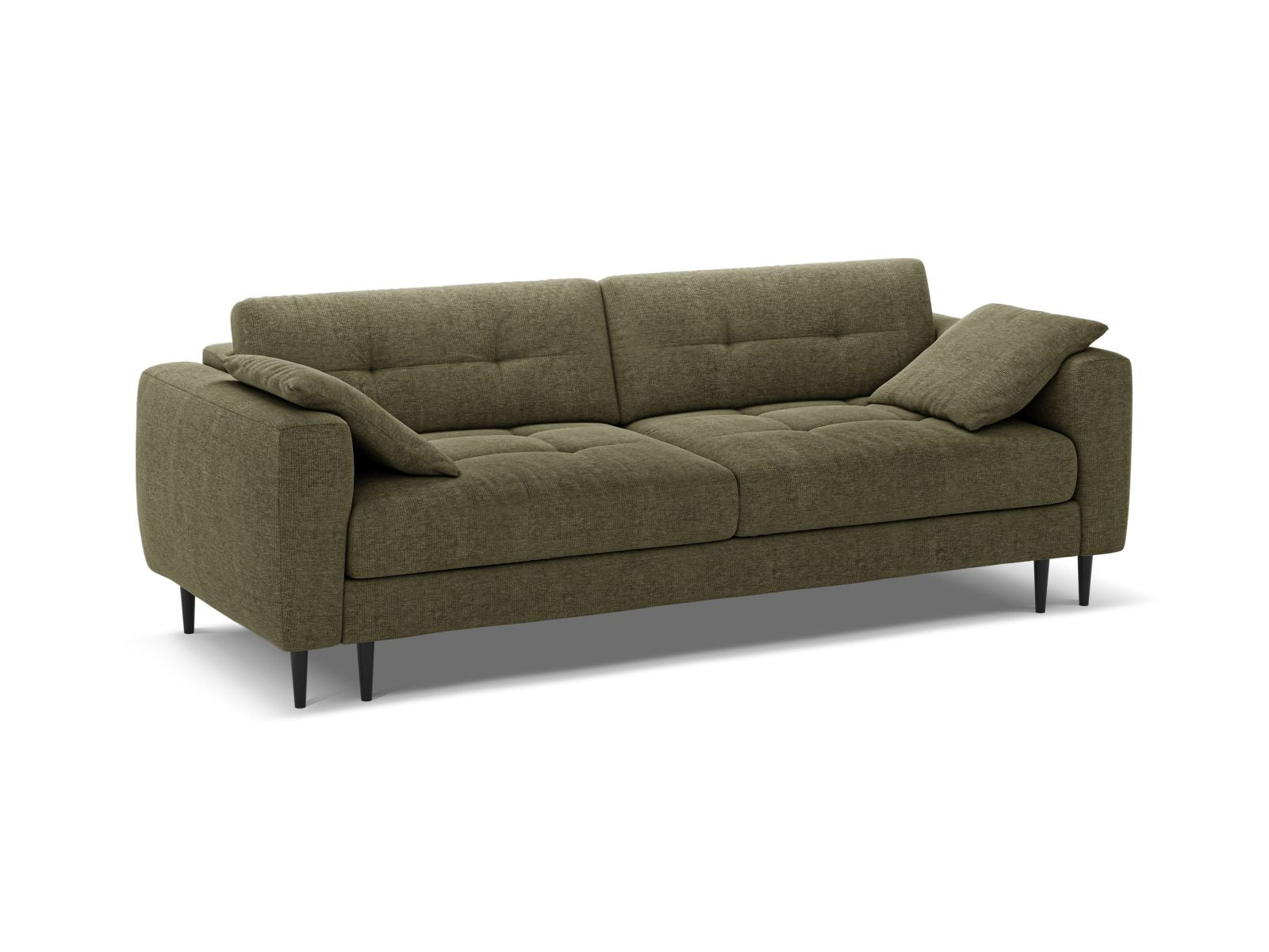 Elegantes 3-Sitzer Sofa Bemy in Dunkeloliv mit Schlaffunktion und praktischem Stauraum, ideal für modernes Wohnen.