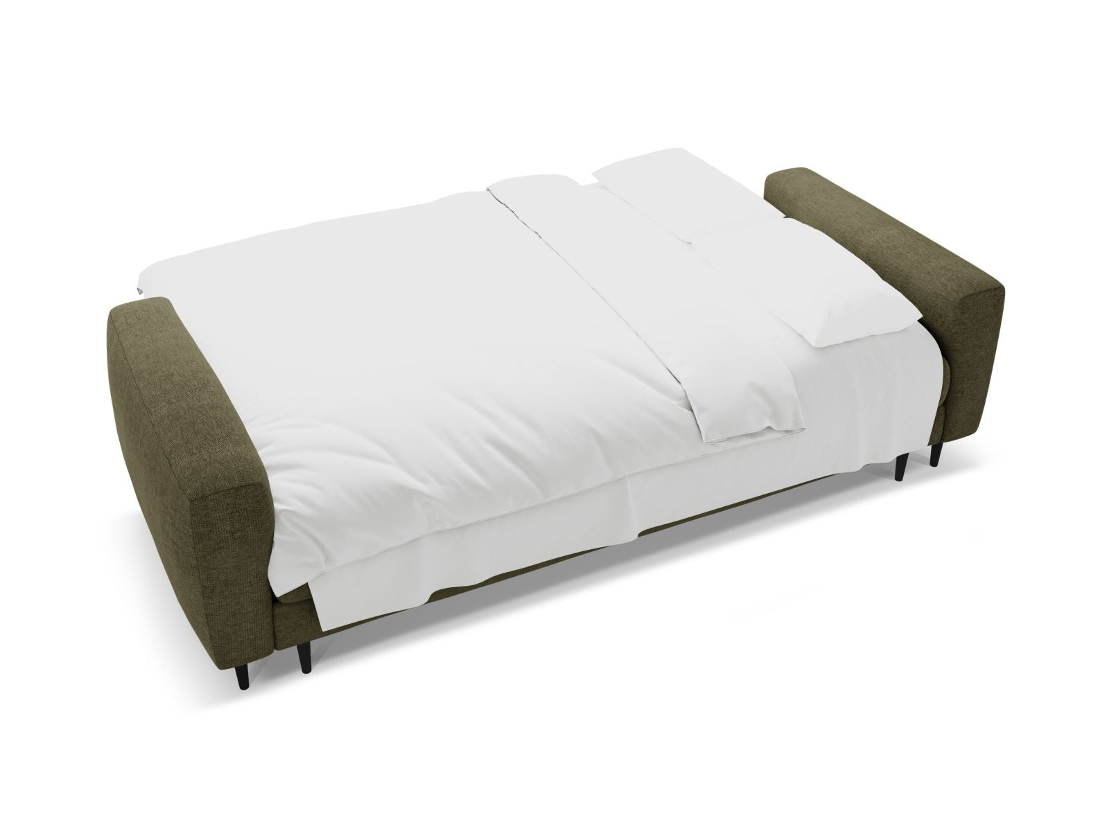 Stylisches 3-Sitzer Bettsofa Bemy in Dunkeloliv, perfekt für kleine Räume, bietet Schlafgelegenheit und zusätzlichen Stauraum.