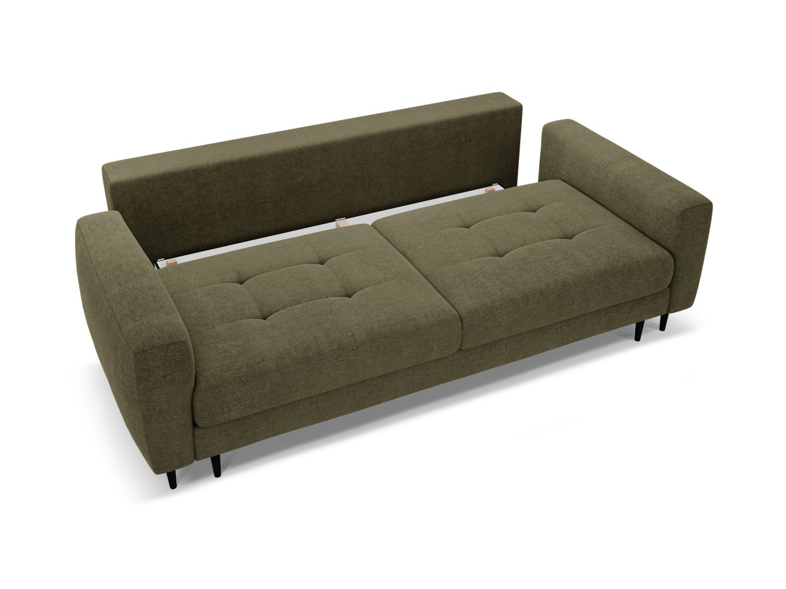 Elegantes 3-Sitzer Sofa Bemy in Dunkeloliv, ideal für kompakte Wohnräume, vereint Schlafkomfort und praktischen Stauraum.