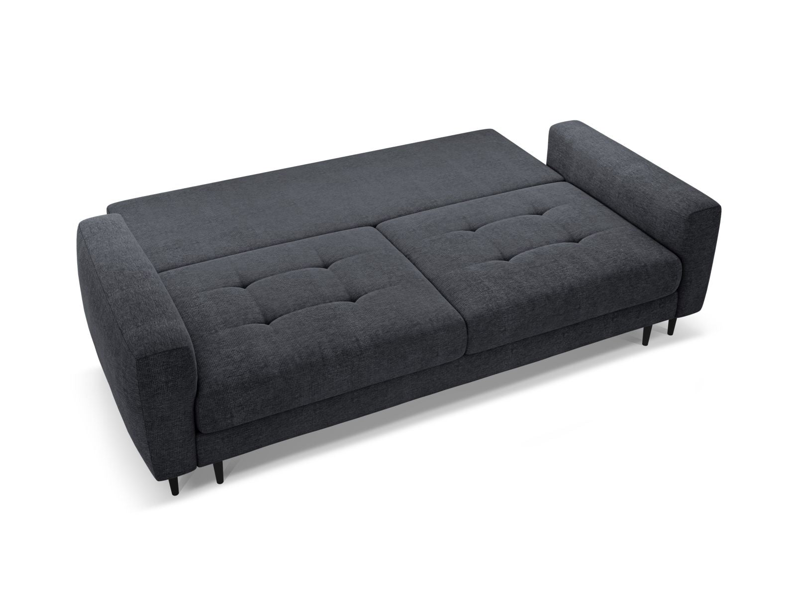 Elegantes 3-Sitzer Sofa Bemy in dunklem Blau, ideal für Wohnräume, bietet Schlafgelegenheit und praktischen Stauraum.