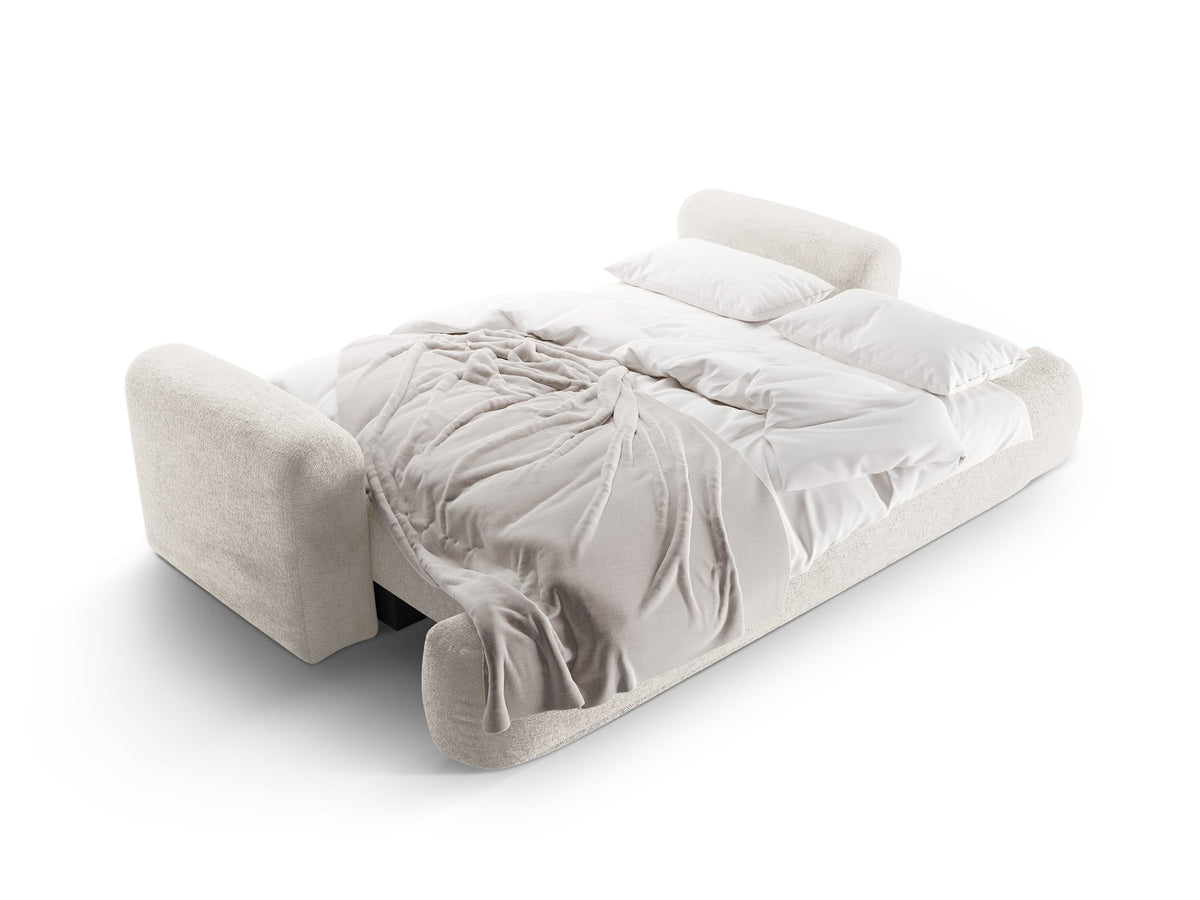 Beiges 3er Sofa Ella von Micadoni mit Veloursstoff-Bezug, ausklappbarer Bettfunktion, Stauraumbox und schwarzen Kunststoffbeinen.