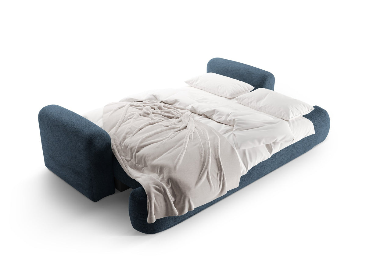 Beiges 3er Sofa Ella von Micadoni mit Veloursstoff-Bezug, ausklappbarer Bettfunktion, Stauraumbox und schwarzen Kunststoffbeinen.