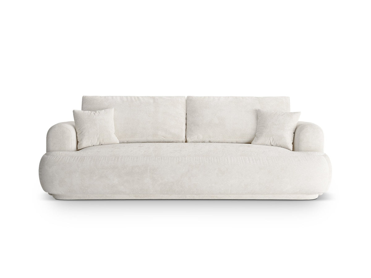 Beiges 3er Sofa Ella von Micadoni mit Veloursstoff-Bezug, ausklappbarer Bettfunktion, Stauraumbox und schwarzen Kunststoffbeinen.