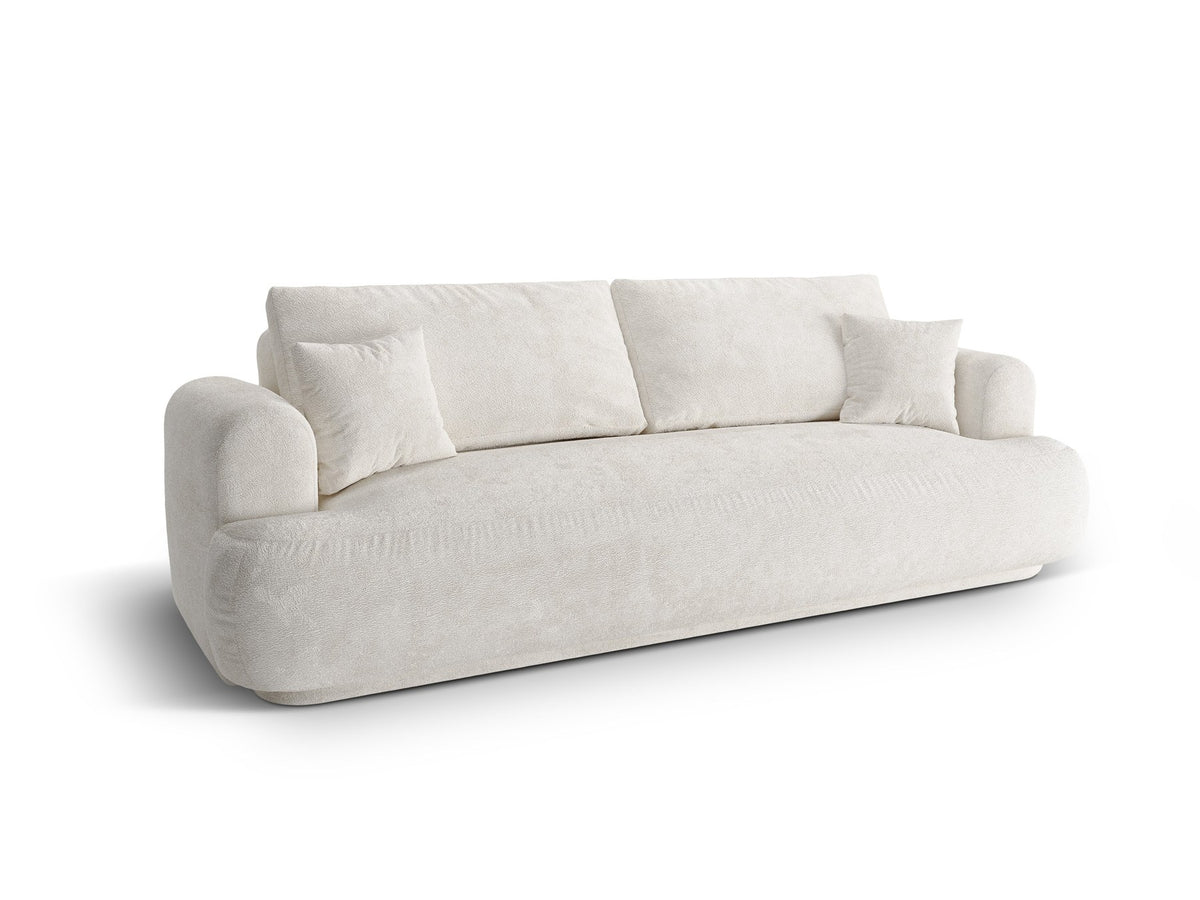 Beiges 3er Sofa Ella von Micadoni mit Veloursstoff-Bezug, ausklappbarer Bettfunktion, Stauraumbox und schwarzen Kunststoffbeinen.