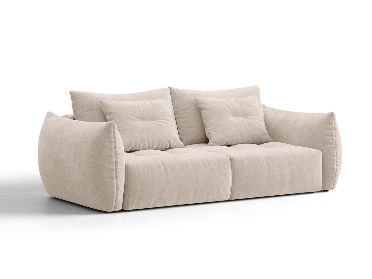 Beiges 3er Sofa Bloom von Micadoni aus samtigem Casino-Stoff mit schwarzen Kunststoffbeinen, ausklappbarer Bettfunktion und Stauraumfach.