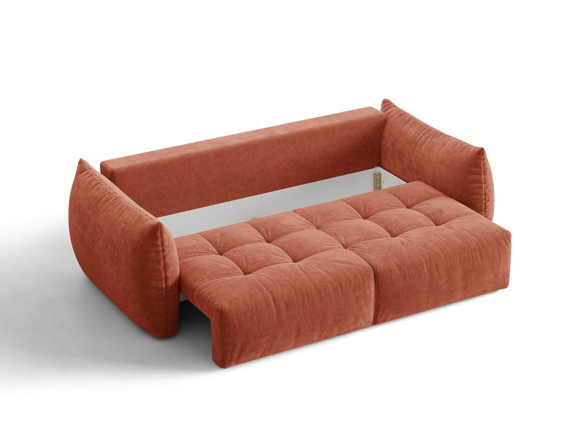 Beiges 3er Sofa Bloom von Micadoni aus samtigem Casino-Stoff mit schwarzen Kunststoffbeinen, ausklappbarer Bettfunktion und Stauraumfach.