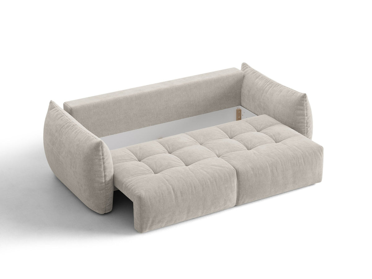 Beiges 3er Sofa Bloom von Micadoni aus samtigem Casino-Stoff mit schwarzen Kunststoffbeinen, ausklappbarer Bettfunktion und Stauraumfach.