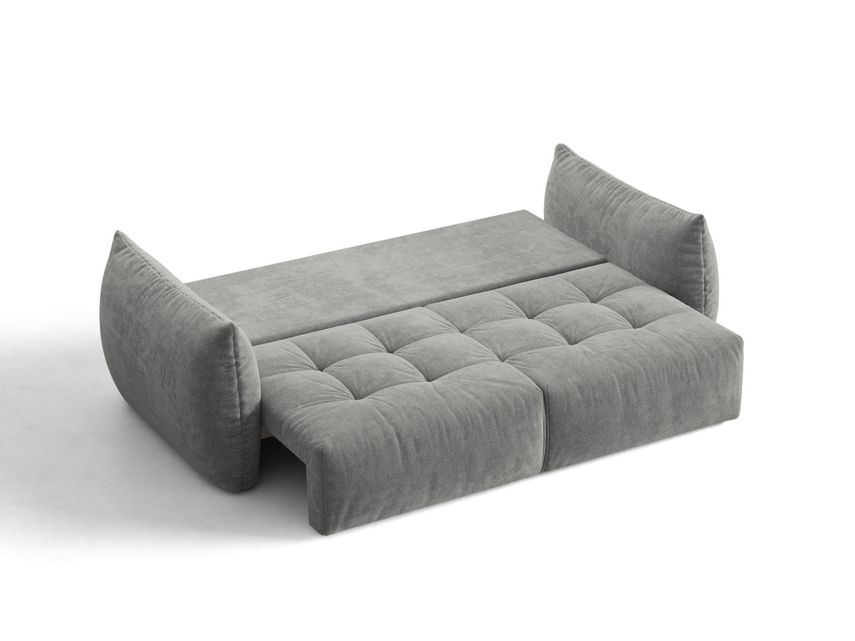 Beiges 3er Sofa Bloom von Micadoni aus samtigem Casino-Stoff mit schwarzen Kunststoffbeinen, ausklappbarer Bettfunktion und Stauraumfach.