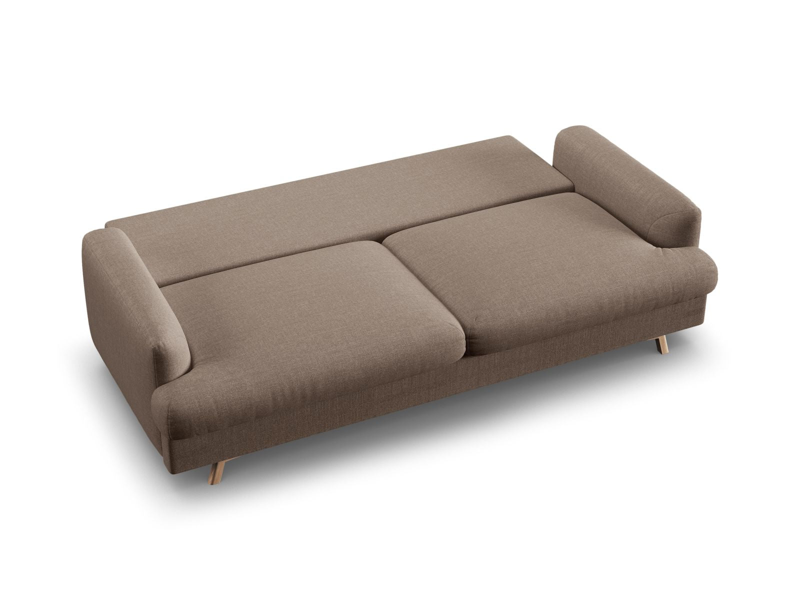 Stylisches 3-Sitzer Bettsofa Naomi in warmem Cappuccino, perfekt für Gästeübernachtungen und mit cleverem Stauraum für Kissen und Decken.