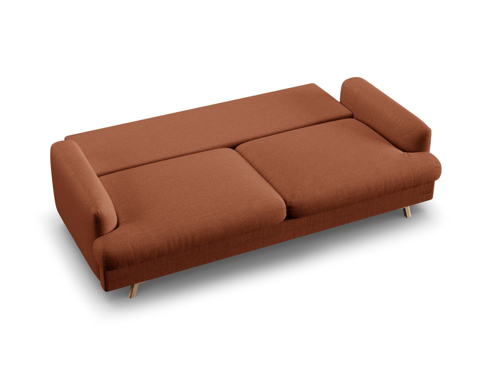 Stylisches 3-Sitzer Sofa Naomi in Ziegelrot, perfekt für Gästeübernachtungen und bietet praktischen Stauraum für Decken und Kissen.