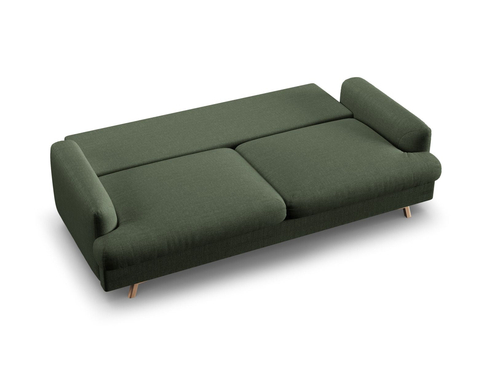 Modernes 3-Sitzer Sofa Naomi in edlem Moosgrün, kombiniert Komfort mit Funktionalität, ideal für Gäste und zusätzlichen Stauraum.