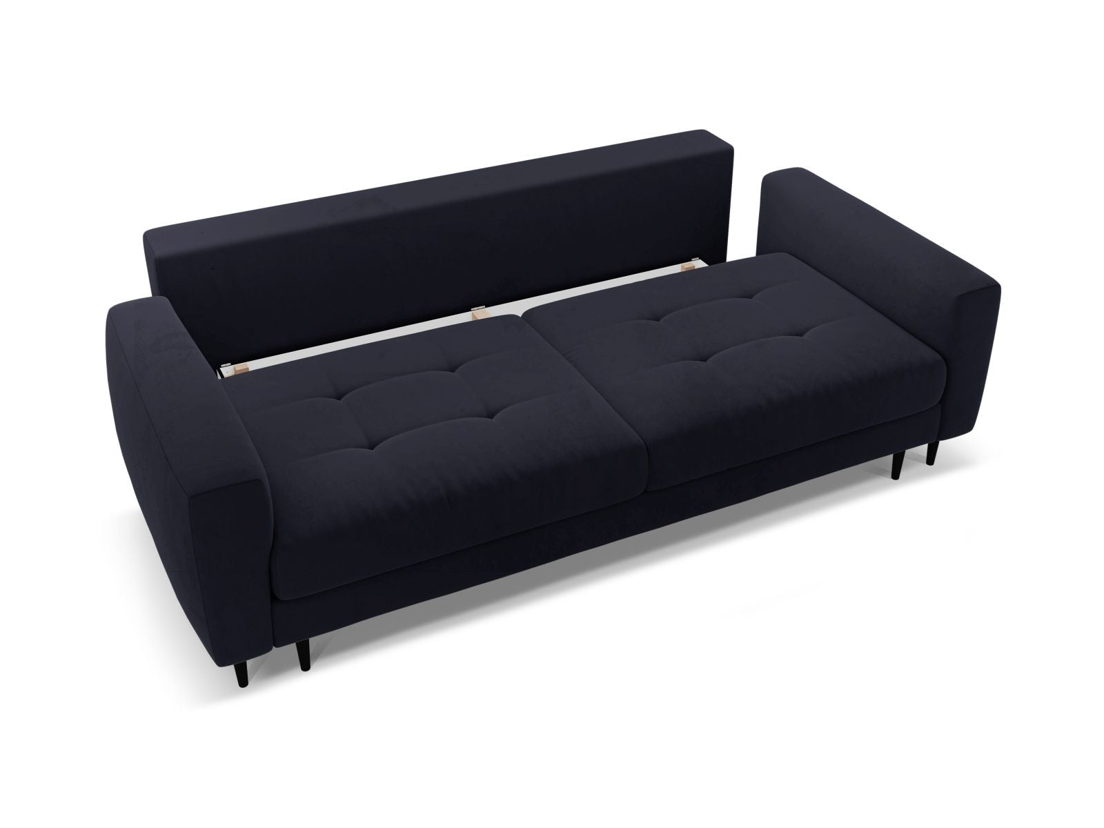 Elegantes 3-Sitzer Sofa Bemy in Royalblau, bietet Schlaffunktion und Stauraum, perfekt für kleine Räume und Übernachtungsgäste.