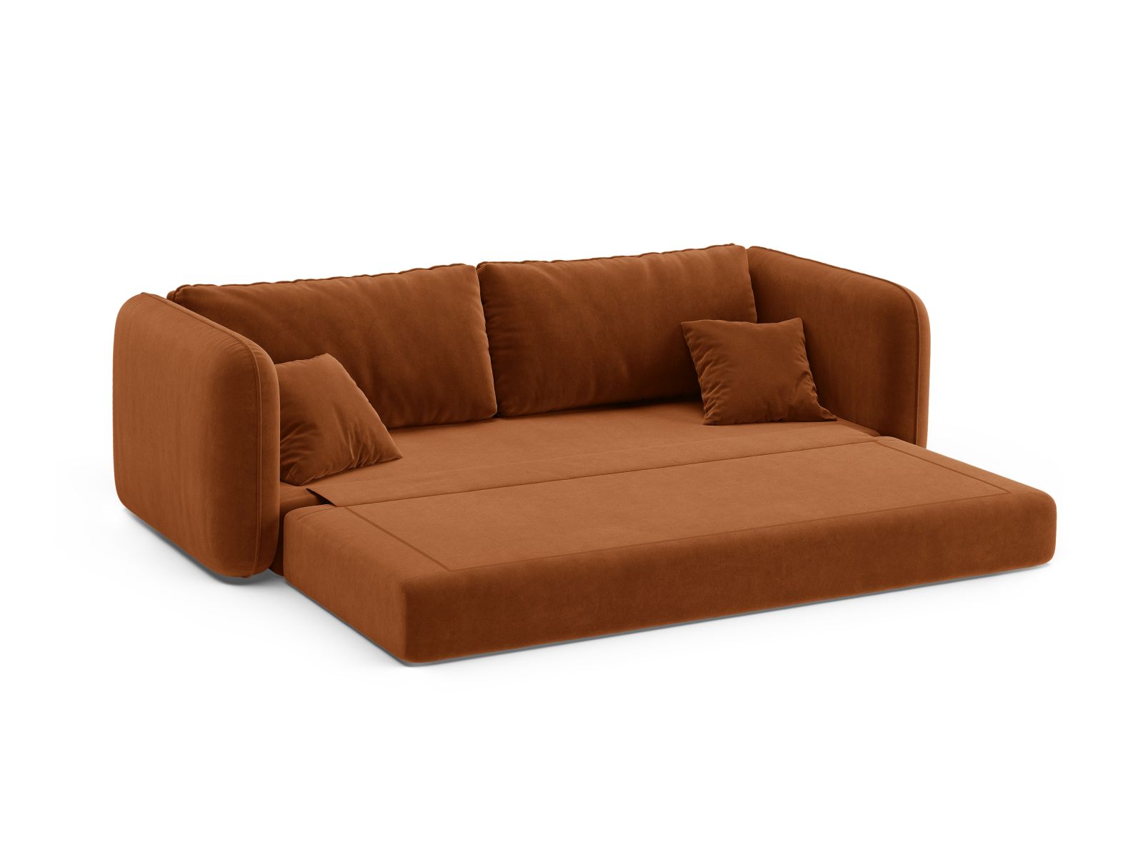 Stylisches 3-Sitzer Sofa Dormi in elegantem Terracotta, ideal für Wohnräume und als komfortable Schlaflösung für Übernachtungsgäste.