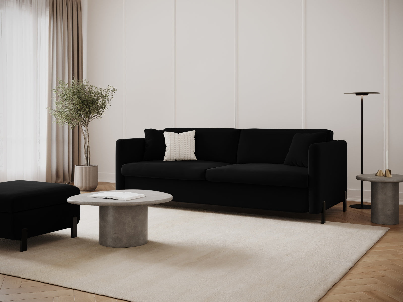 Erleben Sie das elegante Gloria Velour Sofa von Micadoni – ein 3-Sitzer mit praktischer Schlaffunktion, ideal für stilvolle Wohnräume und gemütliche Übernachtungen.
