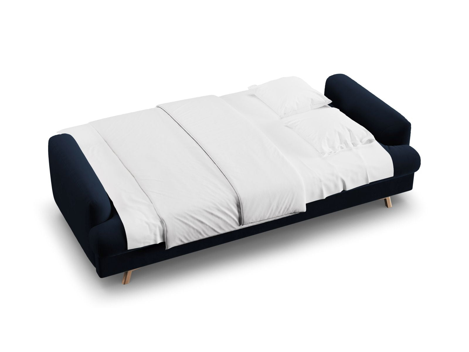 Elegantes 3-Sitzer Sofa Naomi in Royal Blue, ideal für kleine Räume, bietet eine praktische Schlaffunktion und zusätzlichen Stauraum.