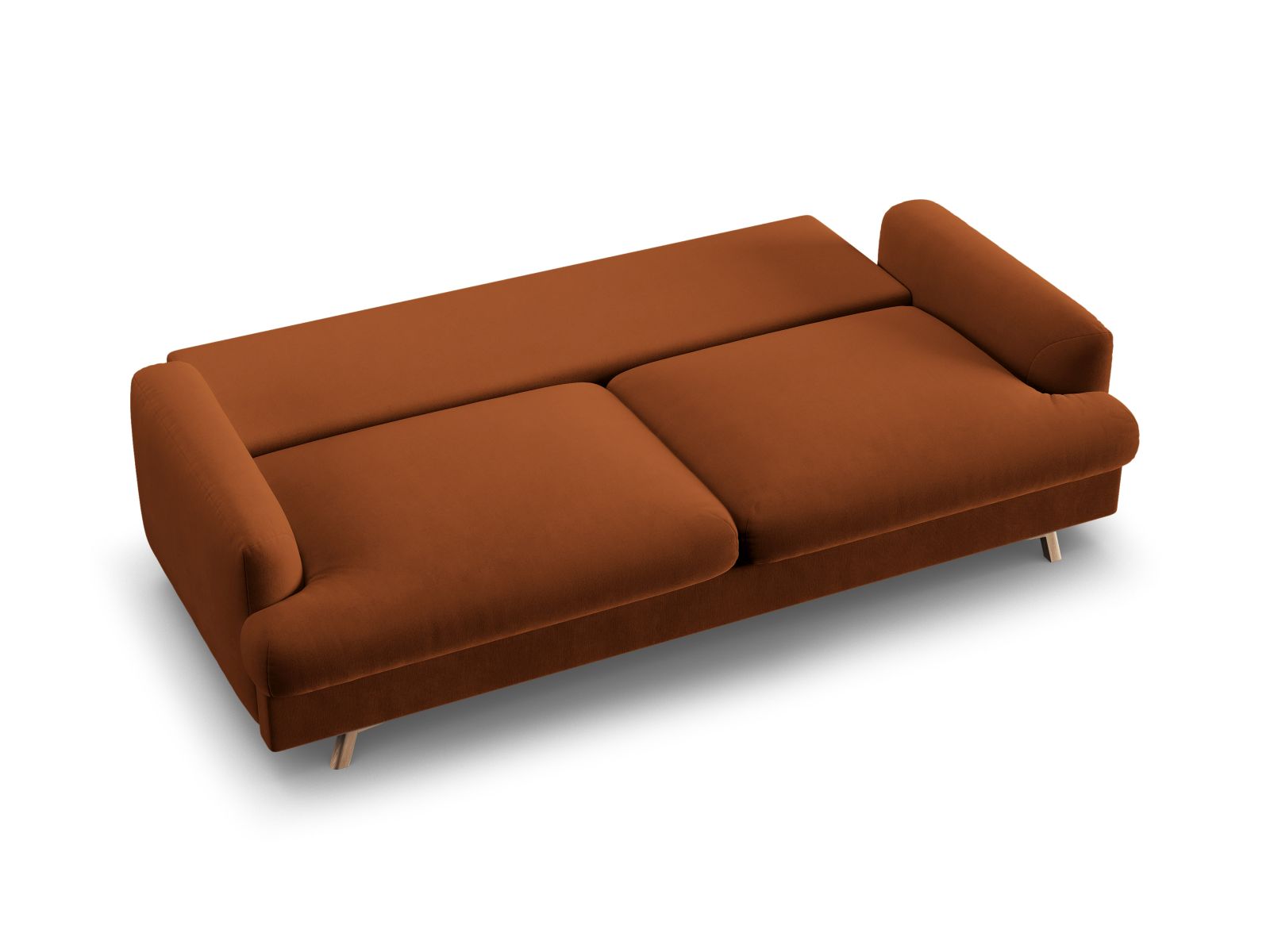 Modernes 3-Sitzer Sofa Naomi in warmem Terracotta, perfekt für gemütliche Abende, mit cleverer Schlaffunktion und integriertem Stauraum.