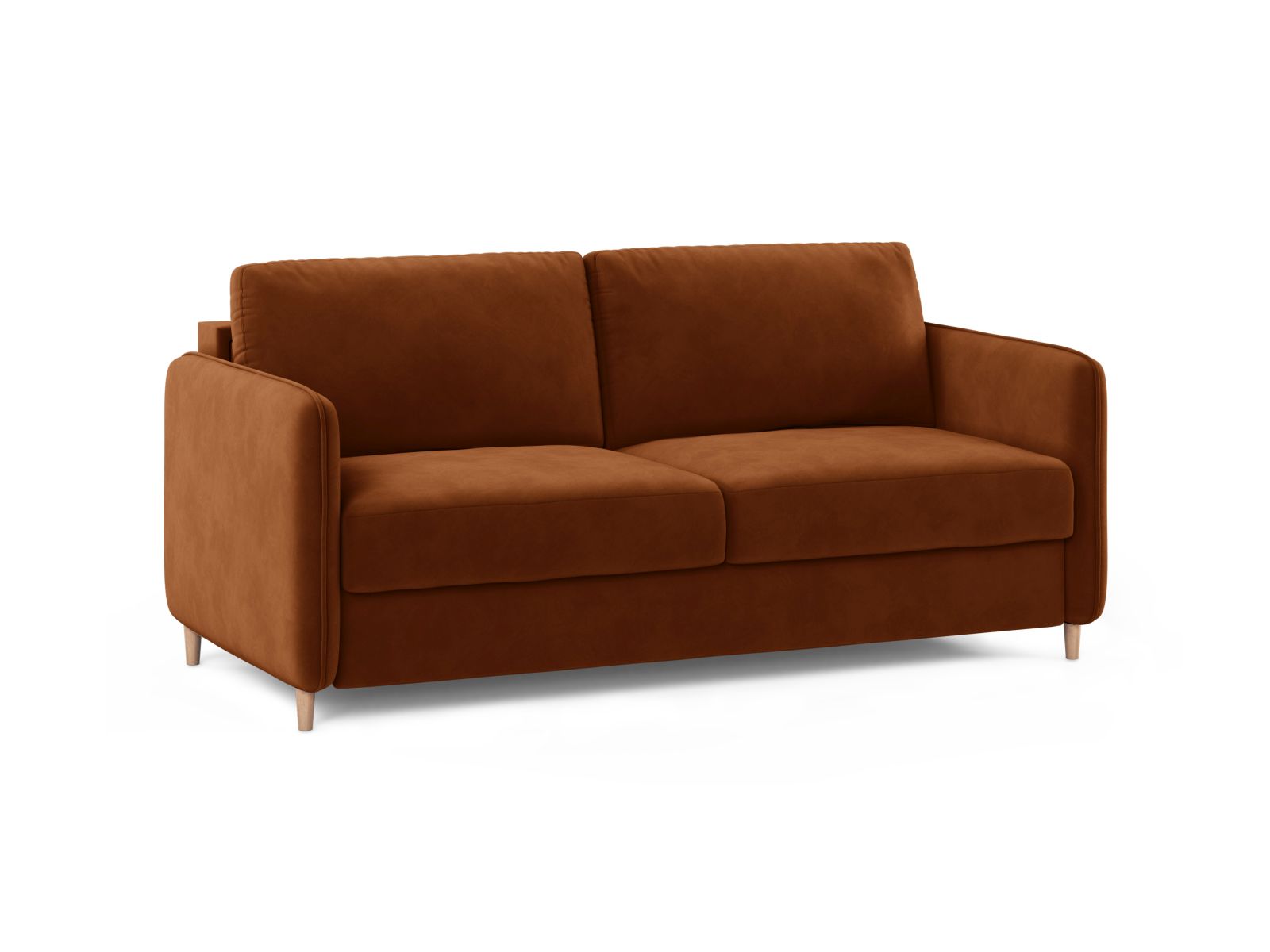 Elegantes 3-Sitzer Sofa Simo in Terracotta mit praktischer Schlaffunktion, ideal für stilvolle Wohnräume und Gästeübernachtungen.