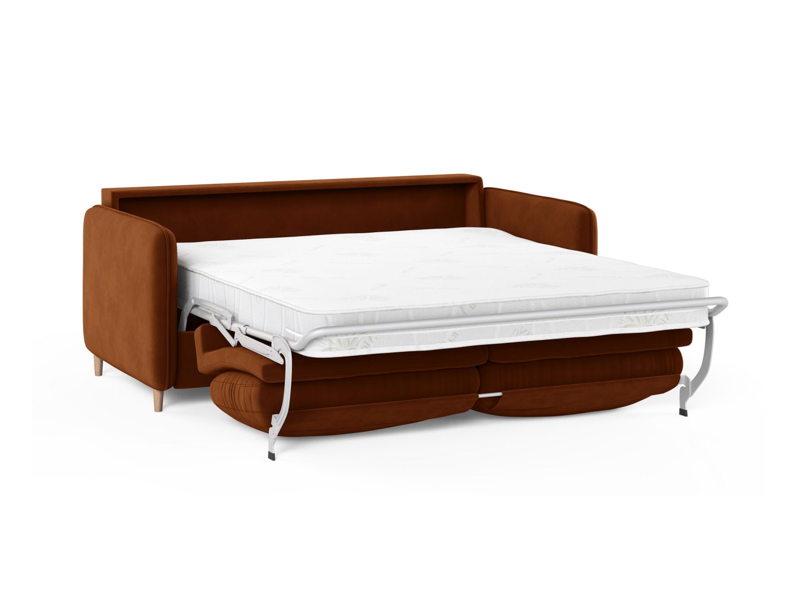 Stylisches 3-Sitzer Sofa Simo in elegantem Terracotta, ideal für entspannte Stunden und als praktische Schlaflösung für Übernachtungsgäste.