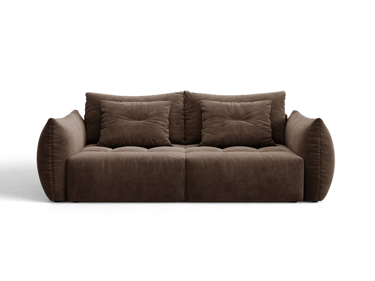 Beiges 3er Sofa Bloom von Micadoni aus samtigem Casino-Stoff mit schwarzen Kunststoffbeinen, ausklappbarer Bettfunktion und Stauraumfach.
