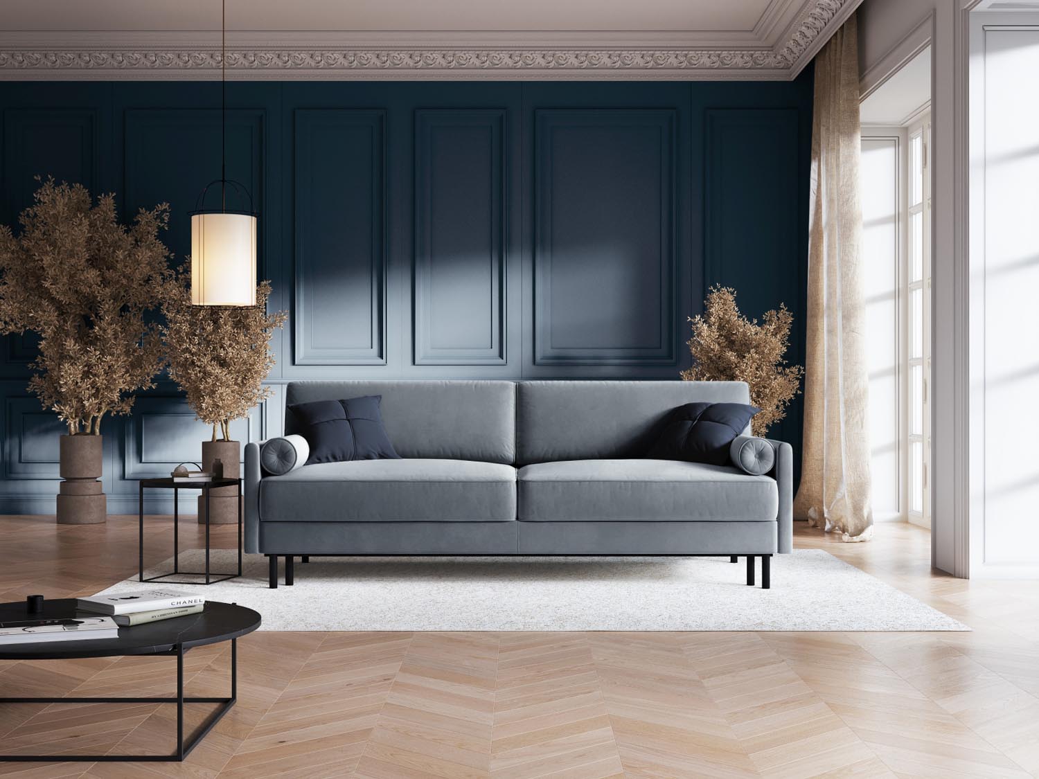 Scott Velour Sofa mit Schlaffunktion und Stauraum 3 Sitzer in Light Blue präsentiert im Onlineshop von KAQTU Design AG. Bettsofa ist von Micadoni