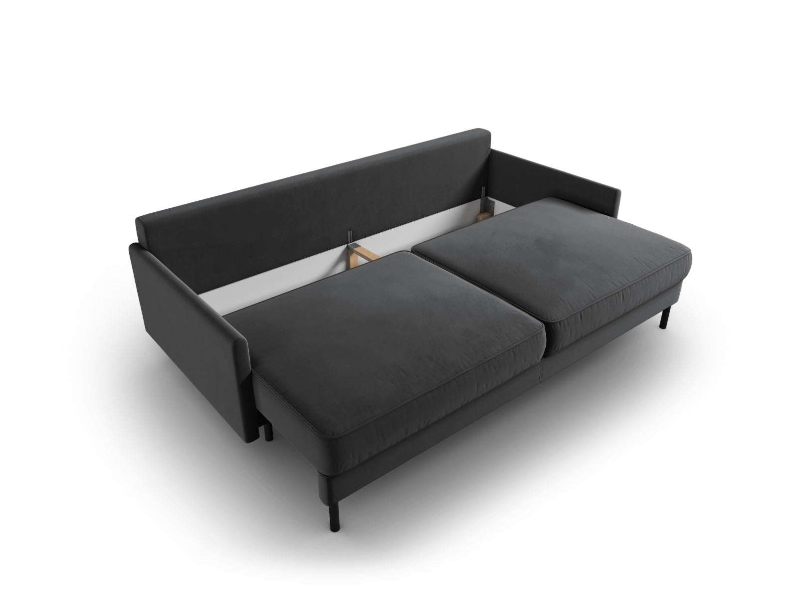 Modernes 3-Sitzer Bettsofa in edlem Grau-Blau, gefertigt aus hochwertigem Velours, bietet praktische Schlaffunktion und Stauraum.