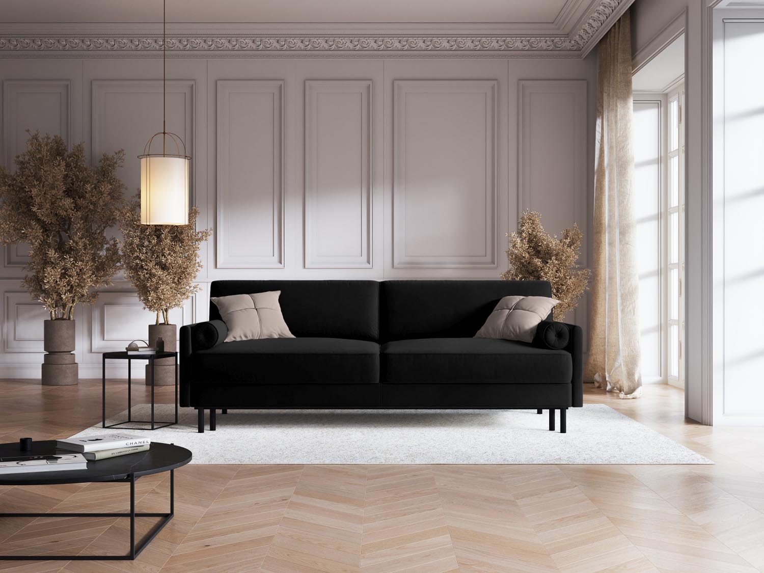 Scott Velour Sofa mit Schlaffunktion und Stauraum 3 Sitzer in Black präsentiert im Onlineshop von KAQTU Design AG. Bettsofa ist von Micadoni