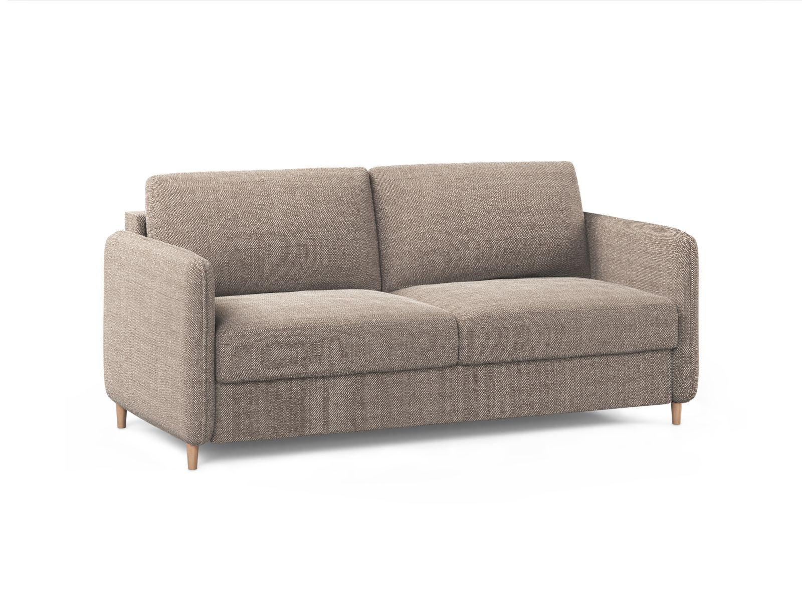 Elegantes 3-Sitzer Sofa Simo in hellem Braun, vielseitig einsetzbar als Schlafsofa für gemütliche Nächte und stilvolle Wohnräume.