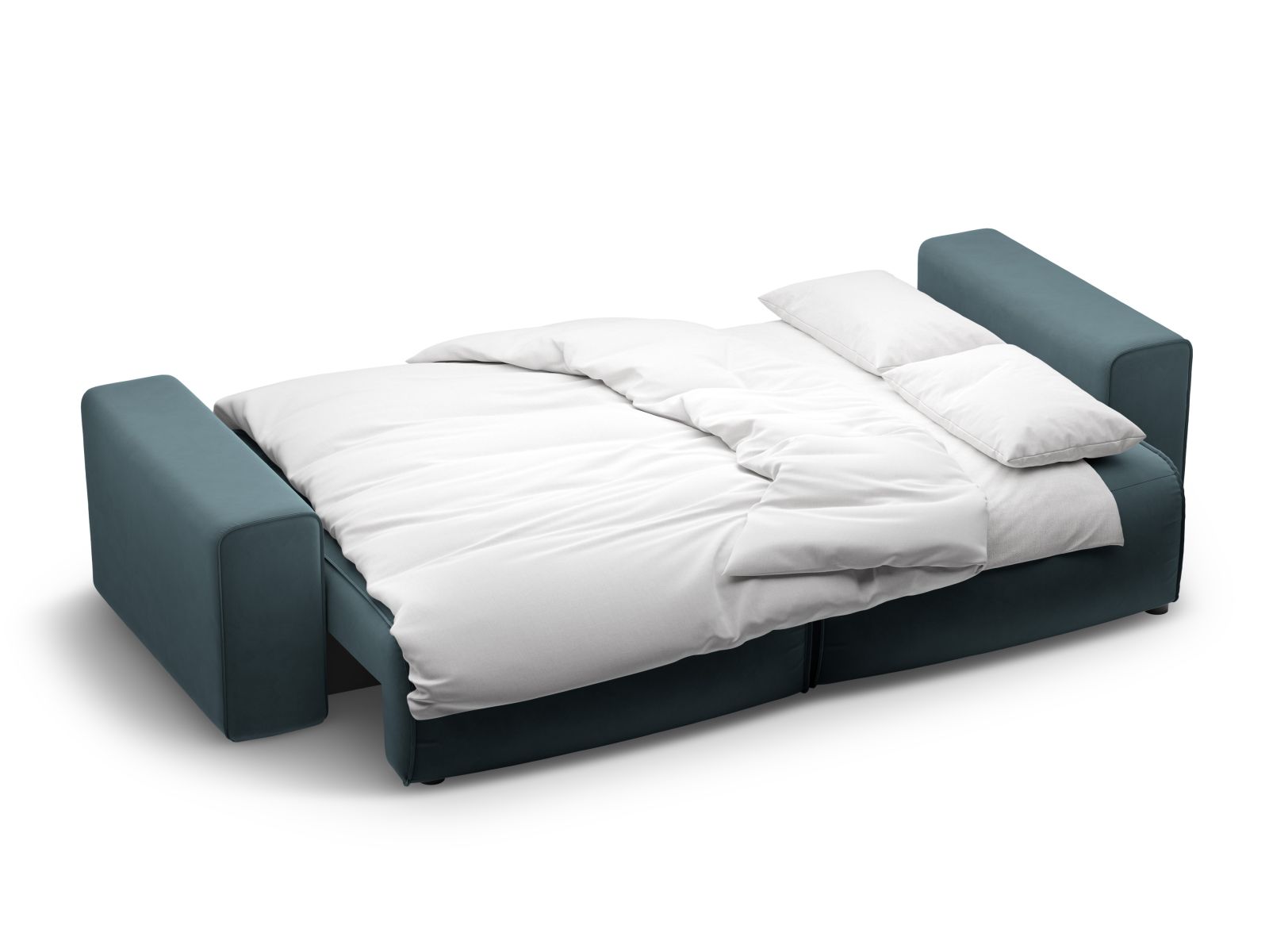 Stylisches 3-Sitzer Sofa Victor in modernem Blau, perfekt für jedes Wohnzimmer, mit cleverer Schlaffunktion und integriertem Stauraum.