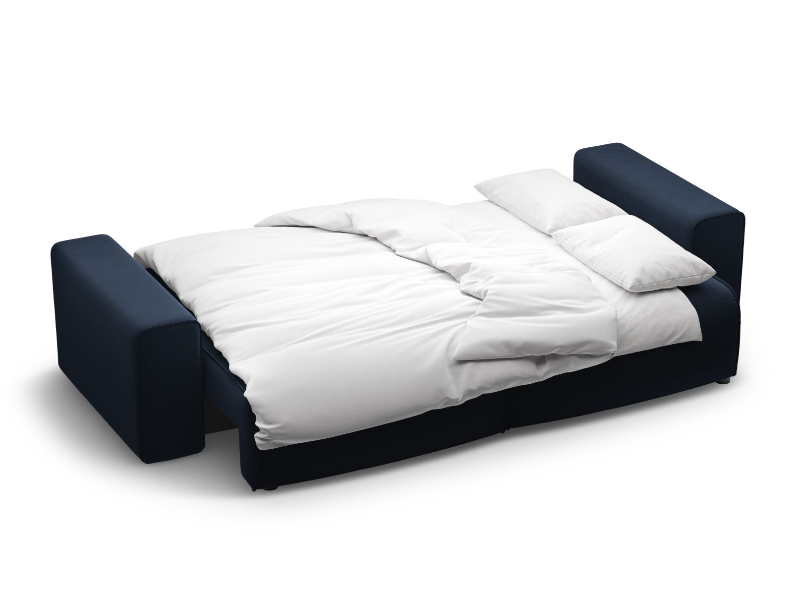 Stylisches 3-Sitzer Bettsofa Victor in tiefem Blau, kombiniert Komfort mit Funktionalität und bietet zusätzlichen Stauraum für Ihre Wohnbedürfnisse.