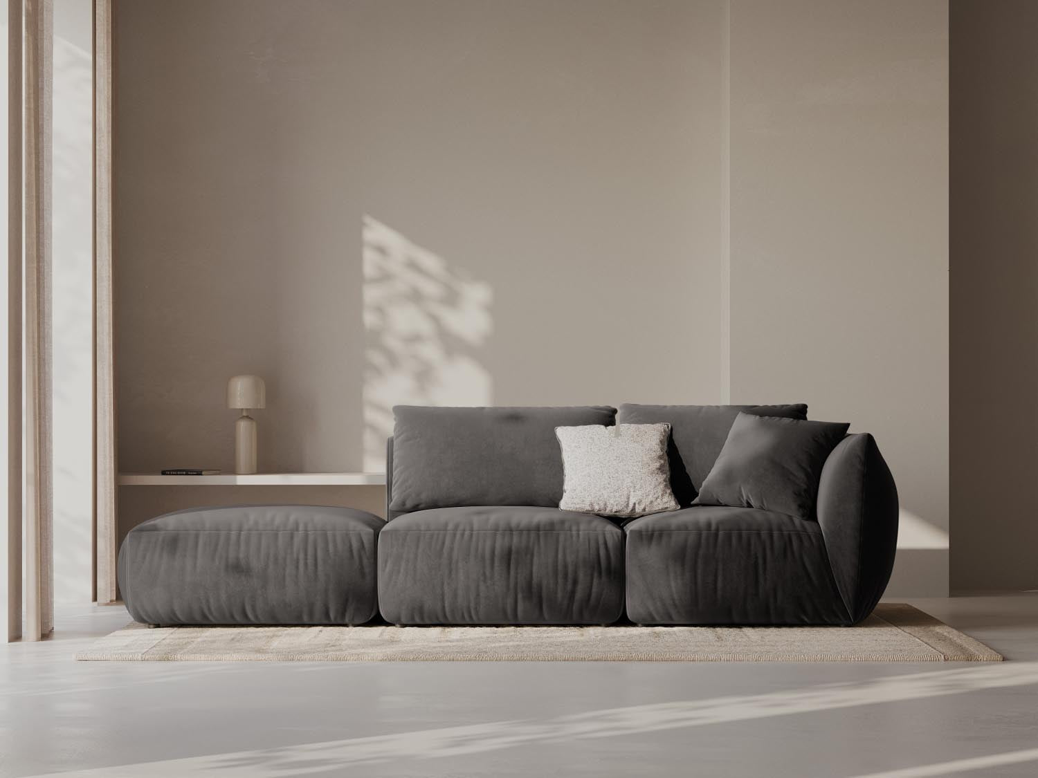 Elegantes Chris Velour 3-Sitzer Sofa in Dunkelgrau, linksseitig, ideal für moderne Wohnräume, präsentiert von Micadoni.