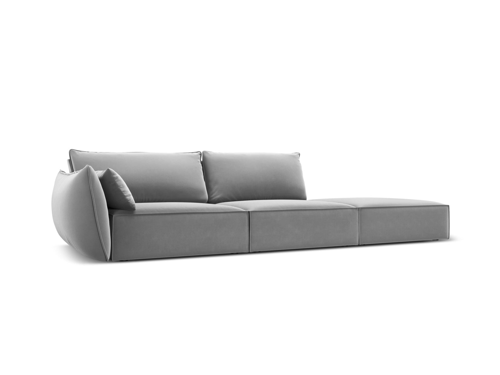 Elegantes Kaelle Velour Sofa in Grau-Blau, 4-Sitzer, rechtsseitig, ideal für stilvolle Wohnräume, erhältlich bei KAQTU Design AG.