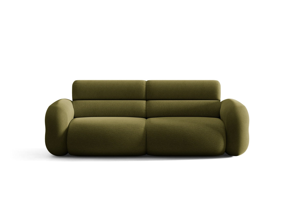 3er Sofa Neo von Micadoni in dunklem Olivgrün, mit strukturiertem Bouclé-Stoff, schwarzen Kunststoffbeinen und hoher gepolsterter Rückenlehne.