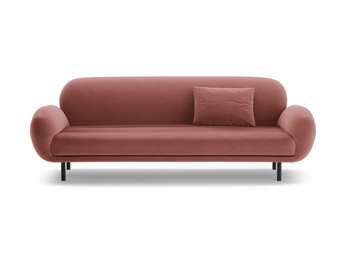 Weisses 3er Sofa Poppy von Micadoni mit strukturiertem Bouclé-Stoff, abgerundeter Silhouette und schlanken schwarzen Metallbeinen.