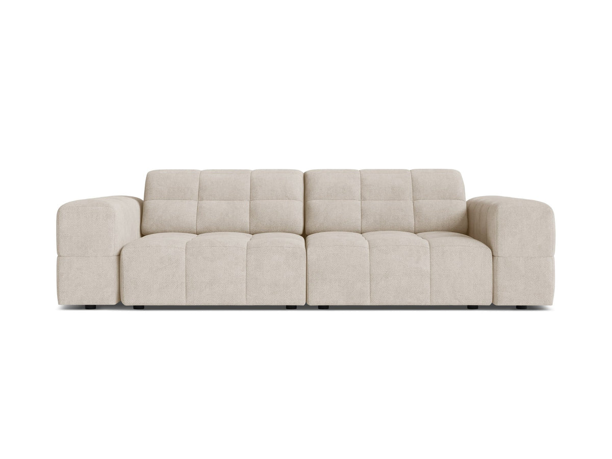 Beige gepolstertes 3er Sofa Jennifer von Micadoni mit schwarzen Kunststoffbeinen und leicht geneigter Rückenlehne, Stoffbezug Bluvel.