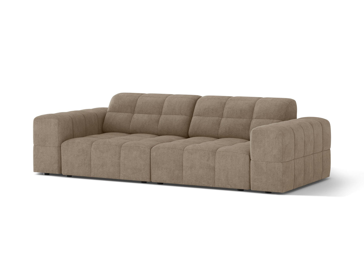 Beige gepolstertes 3er Sofa Jennifer von Micadoni mit schwarzen Kunststoffbeinen und leicht geneigter Rückenlehne, Stoffbezug Bluvel.